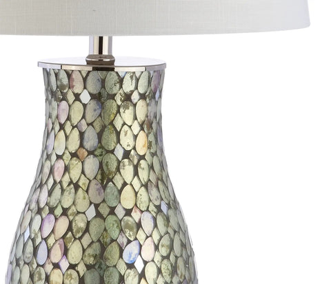 Dope Green Mosaic LED Table Lamp With Iron Base And White Linen Drum Shade Coastal Traditional Style Nickel Accents UL Listed