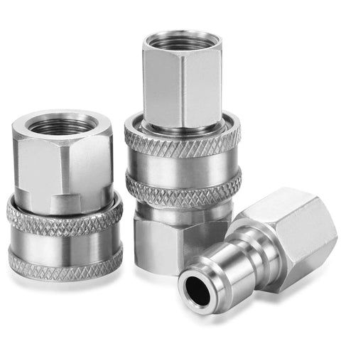 Two sets of stainless steel 3/8 in NPT quick-connect pressure washer adapters (internal thread) with knurled collars