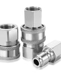 4-pack stainless steel NPT 3/8 in quick-connect pressure washer adapters (male and female).