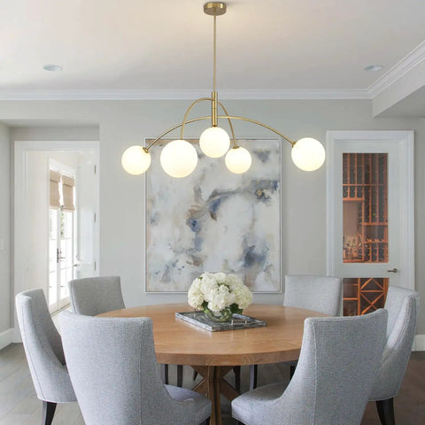Gold 5-Light Sputnik Ceiling Chandelier With Glass Globe Shades For Dining Room Kitchen And Bedroom, Modern Mid Century Style