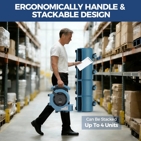 Person carrying 1000 CFM Air Mover Blower Fan for Drying, Venting, Exhaust in warehouse