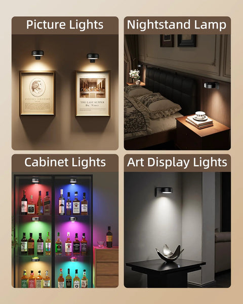 EZVALO 3-pack picture lights for walls; collage shows installed above framed art, bed, cabinet, and art display.