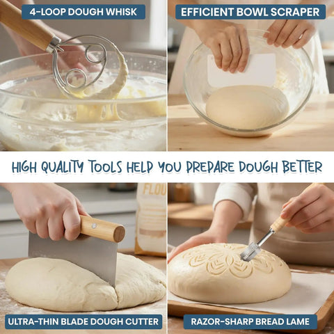 All In One Sourdough Starter Kit with dough whisk, bowl scraper, cutter, and bread lame tools for beginners.