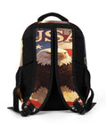 Back of vintage American eagle printed unisex backpack with large capacity, durable polyester design, smooth zipper, retro style.