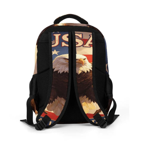 Back of vintage American eagle printed unisex backpack with large capacity, durable polyester design, smooth zipper, retro style.