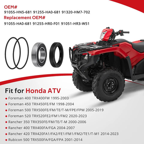 Honda Left Rear Axle Wheel Bearing And Seal Replacement Kit For Rancher Foreman Rubicon ATV Models 350 400 450 500 520 OEM 91055-HN5-681 91255-HA0-681 91320-HM7-702 with parts and ATV shown