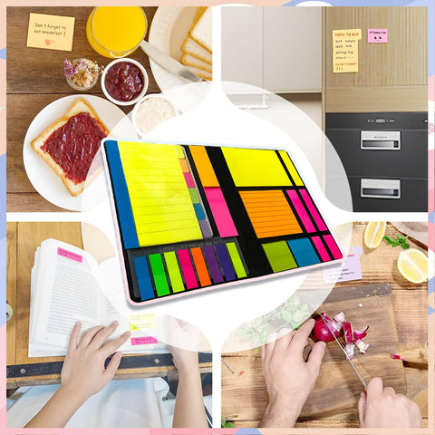 Seven Size Sticky Notes And Tabs Set With Multicolor Neon Index Tabs And Divider Notes For Office School Planner And Book Marking A 710 Piece Bulk Pack To Keep You Organized For Home And Office Use displayed with various uses around home and office.