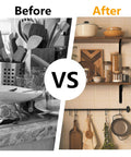 Heavy Duty Decorative Shelf Brackets 5 By 3.5 Inch Matte Black Metal Corner Supports Two Hundred Pounds, shown in kitchen organization before and after.