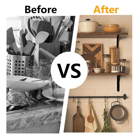 Heavy Duty Decorative Shelf Brackets 5 By 3.5 Inch Matte Black Metal Corner Supports Two Hundred Pounds, shown in kitchen organization before and after.