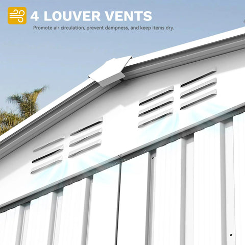 Roof with louver vents on 6x4 Ft Outdoor Storage Shed Lockable Metal Tool Shed Waterproof Garden Shed With Vents For Backyard Patio Garage Lawn White