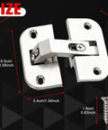 2-Pack Adjustable Concealed Pie-Cut Corner Hinge Kit for Cabinet Corners with size dimensions and screw, front view.