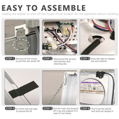 Easy assembly steps for Heavy Duty Washing Machine Lid Lock Switch And Wiring Harness Kit for solid replacements.