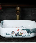 Square Sink Bowls For Bathroom,Ceramic Vessel Sink With Faucet And Drainer Above Counter White Porcelain Ceramic Vessel Vanity Sink With Flower-15 L X 15" W X 5.3" H with decorative bird design.