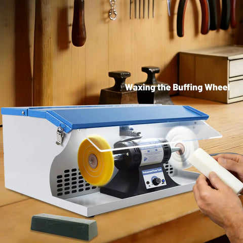 Pro Grade Heavy Duty 500W Jewelry Bench Polisher With Integrated Dust Collector And Adjustable Speed Control For Serious Jewelers Kickin Torque Motor Double Head Grinding Buffing Station in use for waxing the buffing wheel.