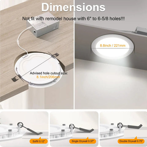 Six Pack 8 Inch LED Recessed Lights With Junction Box Ultra Thin Canless, Dimmable 1800 Lumens, Selectable 3000K 4500K 6000K, Energy Saving CRI 80 Plus, Easy Install, Modern Ultra Slim Downlight For Living Room