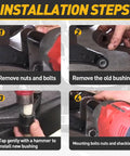 Nylon trailer leaf spring bushings installation steps collage (9/16 in I.D. x 1-3/4 in), 8-pack.