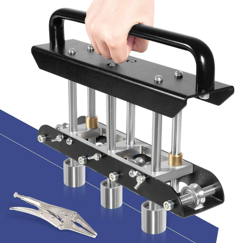 Three Station Edge Roller Bead Bender in use for 0 to 90 degree sheet metal bends; includes tool and steel sheet