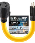 Heavy Duty Nema 5-15P To L6-30R Generator Welder Adapter Cord delivering 125 Volt 15 Amp power with yellow 12 inch cable.