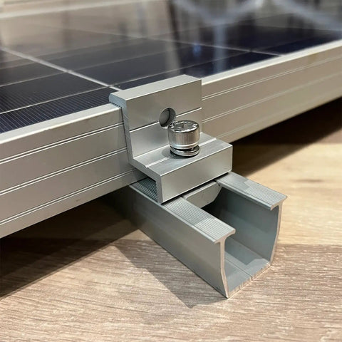 Heavy Duty Solar Panel Mounting Kit With Thickened Aluminum Rails And Durable Clamps For Outdoor Installations, close-up of clamp and rail.