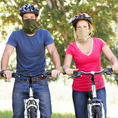 Cyclists wearing 6 Pack Summer UV Protection Cooling Neck Gaiter Scarf Face Cover Bandana Moisture Wicking Polyester Neckwear in khaki.