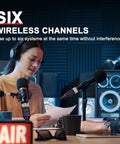 Plug-On Wireless XLR System for Condenser Microphones, 5.8GHz Band in radio studio setup with microphones and on-air sign