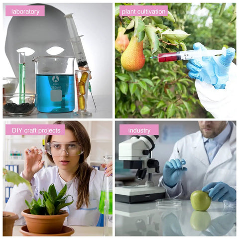 Collage of laboratory, plant cultivation, DIY projects, and industry using 150 Count 18 Gauge 1 Inch Luer Lock Dispensing Tips.