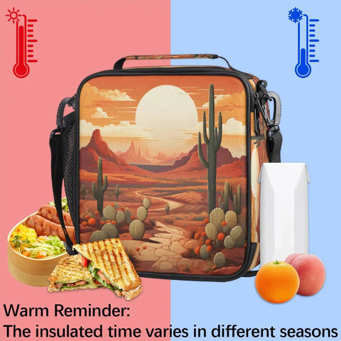 Desert Cactus Insulated Lunch Tote With Waterproof Leakproof Cooler, featuring desert landscape design, with food items displayed.