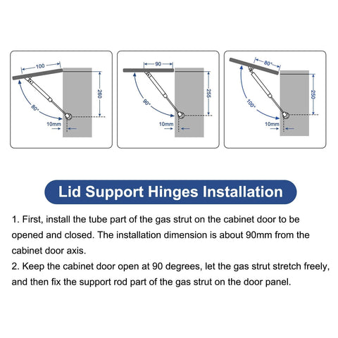 Installation instructions for Lid Support Hinge 20N Gas Struts Soft Close Folding Lid Stay Hinges Uxcell 2 Pack on cabinet.