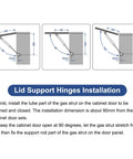 Installation diagram for 8 Inch 120N Gas Struts Lid Support Hinges With Heavy Duty Soft Close Action Folding Lid Stay Lift Assist Slow Lowering Pneumatic Buffer For Cabinet Closet Wardrobe Black Finish