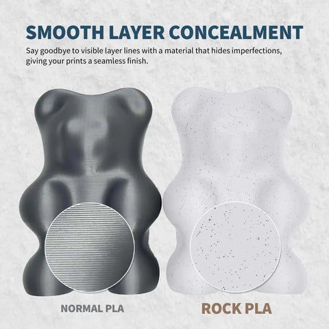 Comparison of smooth layer concealment between normal PLA and Marble Rock PLA Filament 1.75mm for 3D printing with stone texture.
