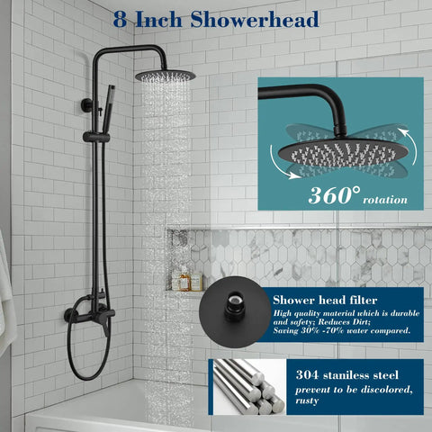 Matte Black Outdoor Shower System With Rainfall Head And Hand Spray, Exposed Exterior Shower Fixture, 8-inch head displayed