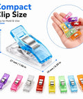 Super Handy 100 Pack Sewing Clips for Quilting and Binding, Colorful Plastic Clips with Metal Spring, showing compact sizes in hand.