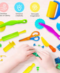 28-piece kids dough and clay tool kit with animal cutters, rolling pins, scissors and extruder; bright plastic.
