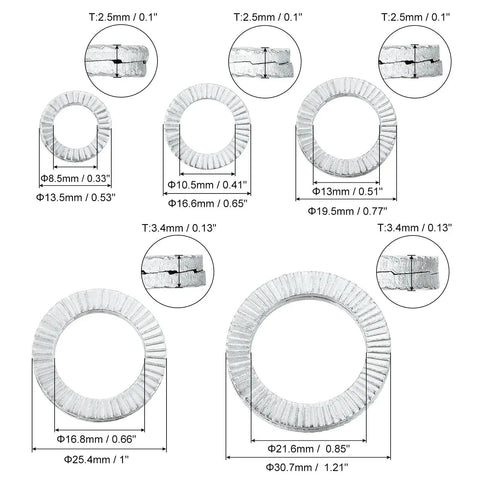 Wedge Locking Washers For M8 M10 M12 M16 M20 Bolts, 60 Pieces, Beefy Manganese Steel, Vibration Resistant Safety Washers, Assortment Kit, DIN 25201 Standard, various sizes with measurements.