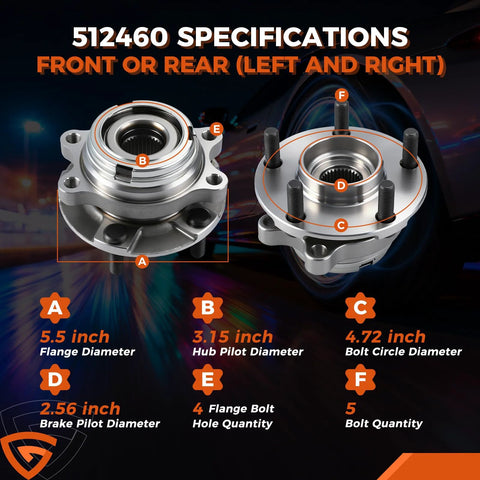 Rear And Front Wheel Bearing And Hub Assembly Kit For Ford Explorer 2011 To 2018 And Police Interceptor Utility Front And Rear 5 Lug Hubs With ABS Durable Replacement For Rough Roads Direct Fit displayed with dimensions