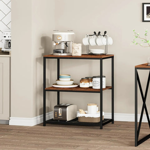 Built Tough Kitchen Island With Three Deep Storage Shelves And Reinforced Metal Frame, Spacious workbench showcasing kitchen gear and appliances.