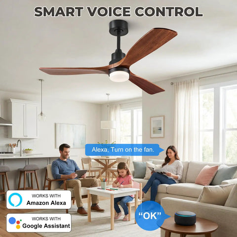 60 Inch Smart Ceiling Fan With Lights For Outdoor Patio And Covered Porch, Three Real Wood Blades In Dark Walnut in living room