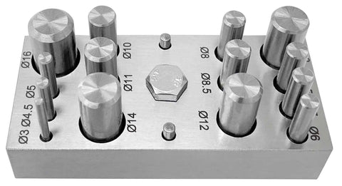 14 Piece Circle And Round Disc Cutter Set One Eighth Inch To Five Eighth Inch for Jewelry Making Tool displayed on steel base