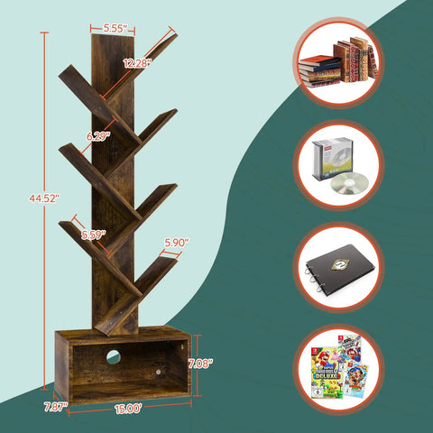 Diagram of 6 Shelf Retro Floor Standing Bookcase In Rustic Brown With Tall Wood Storage Rack, dimensions included.