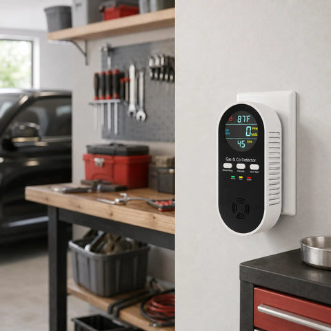 5-In-1 Air Monitor Plug-In With LED Display And Real-Time Gas Detection in garage setting