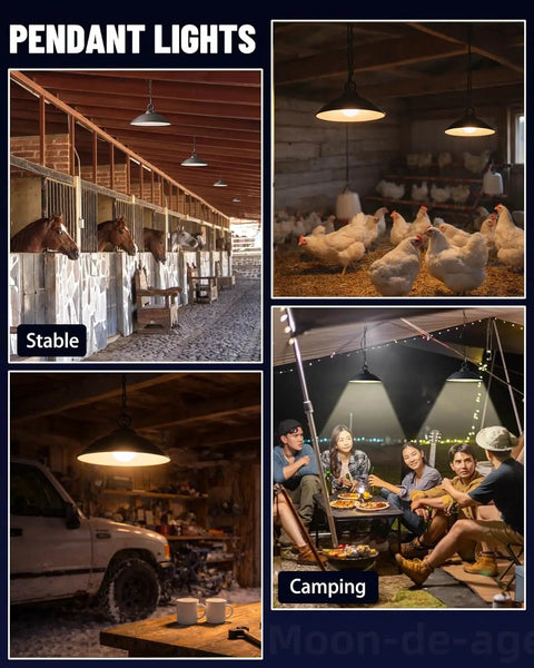 Solar Pendant Light With Remote illuminating stable, chicken coop, and camping area, showcasing versatility in outdoor settings.