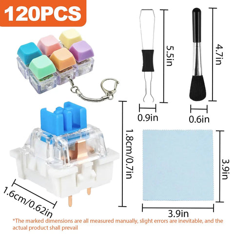 120 Pack Blue MX-Compatible 3-Pin Mechanical Keyboard Switches With Switch Puller, Cleaning Brush, And Cloth Go-To DIY Switch Kit For 3D Prints, Replacements, And Custom Keyboard Builds. 120pcs kit with switches, puller, brush, cloth.