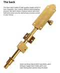 Solid cast brass barrel bolt latch, antique copper finish, non-rusting, shown in back view for doors and gates.