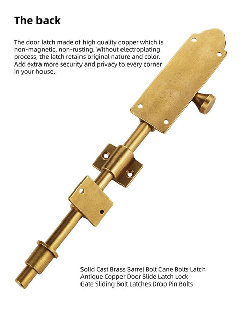 Solid cast brass barrel bolt latch, antique copper finish, non-rusting, shown in back view for doors and gates.