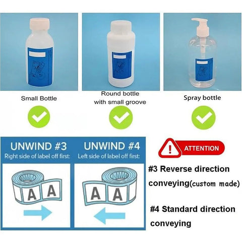 WZLOIUNHZ Automatic Positioning Labeler For Round Bottles Cans Jars Servo Control Smooth Wrap With 10 To 180 Mm Height Range Professional Precision Application Machine showing small, round, and spray bottles with labeling instructions.