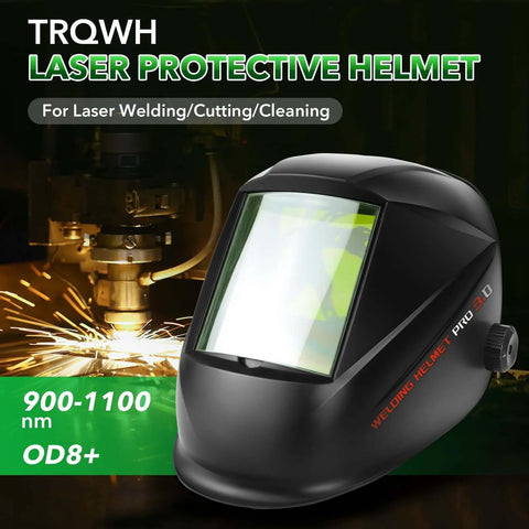 Front view of TRQWH OD8+ laser welding helmet with large viewing window, black protective mask.
