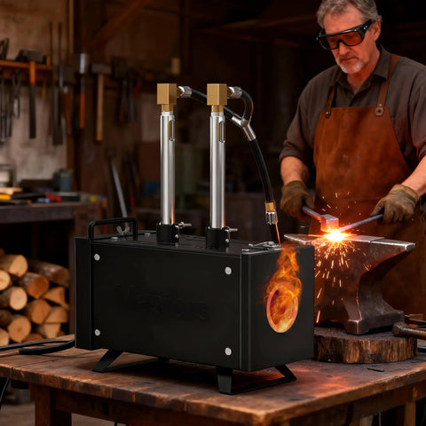 Blacksmith using Dual Burner Propane Forge Kit With Openable Door 2600 F Gas Forge For Blacksmithing Knife Making And Metal Forging