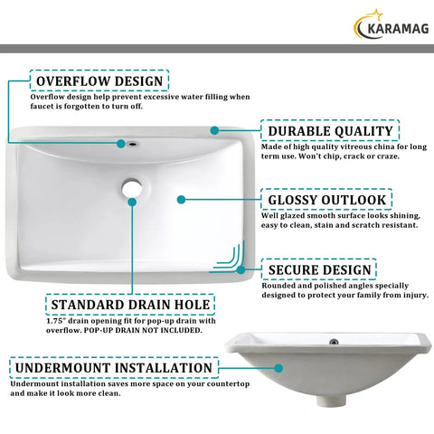 White Rectangular Undermount Bathroom Sink 18.7 By 11.9 Inches Porcelain Ceramic Vanity Basin With Overflow No Faucet Holes Sleek Modern Look For Your Bath And Powder Rooms Durable Easy Clean Construction