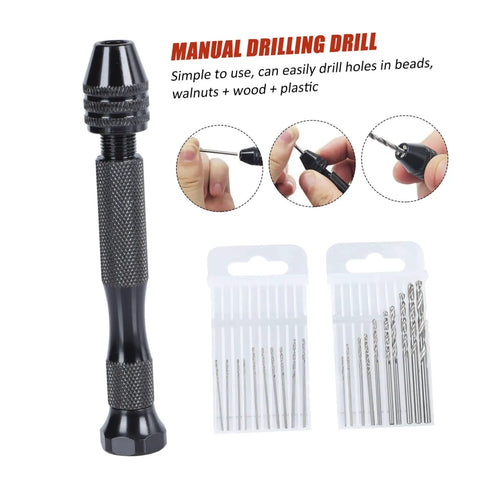 Handmade Mini Twists Drill Kit and Woodworking Drill Set shown with manual drill and various drill bits for versatile use.