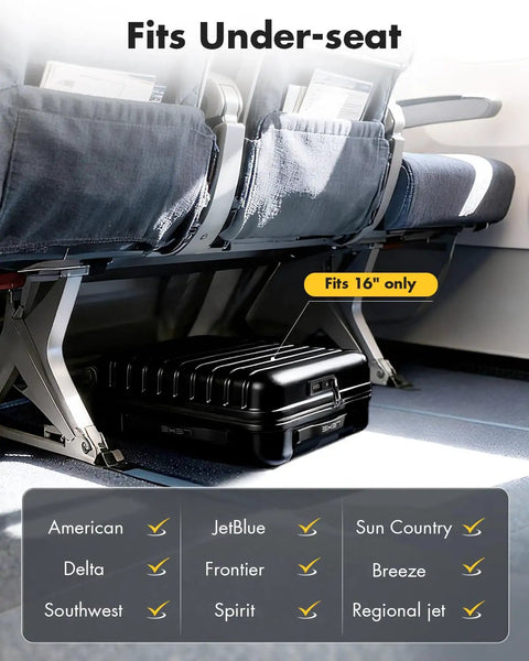 16 Inch Underseat Carry On Luggage Airline Approved Hard Shell Suitcase With TSA Lock And 360 Degree Spinner Wheels under airplane seat